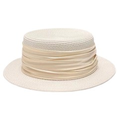 Palarie din rafie cu boruri drepte si banda textila crem
