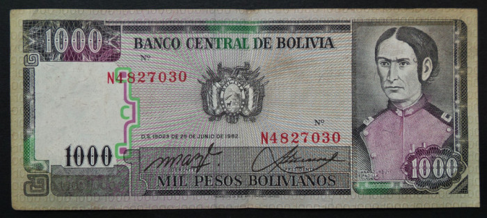 Bancnota exotica 1000 BOLIVIANOS - BOLIVIA, anul 1982 * cod 194