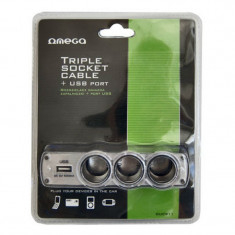 Priza auto tip adaptor Omega, 3 x prize, incarcator USB foto