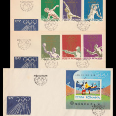 1972 Romania, 3 FDC J.O. de Vara Munchen (serie + colita dt) LP 797 & LP 798