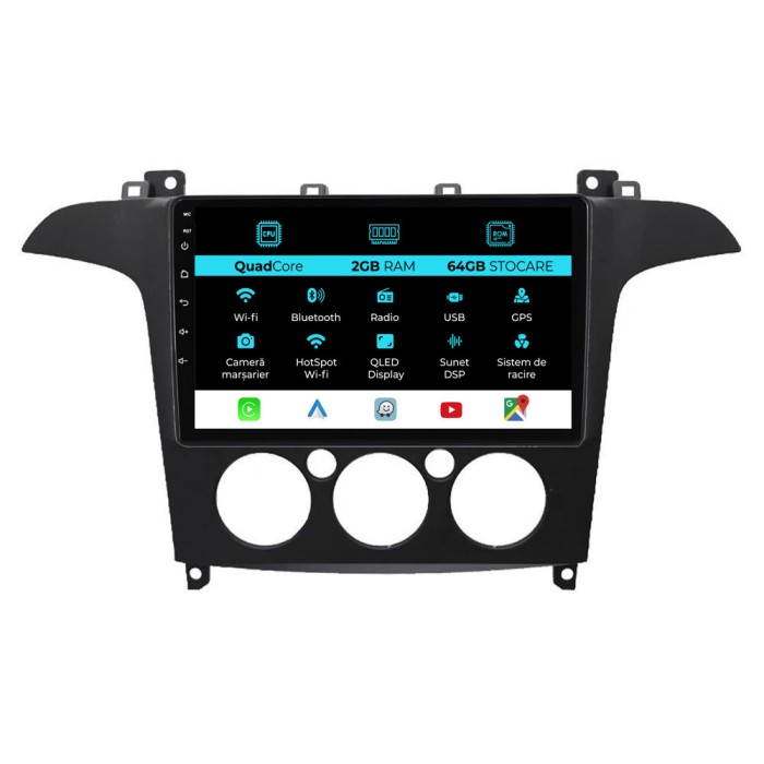 Navigatie Android Dedicata Ford S-Max (2006 - 2015), 9Inch, 2Gb Ram, 64Gb Stocare, Carplay, Clima manuala