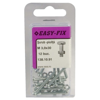 Surub cu cap bombat, amprenta cruce, cu piulita, Easy-Fix, otel, zincat alb, M3 x 30 mm, set 12 bucati foto