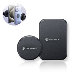 [Set 2x] Placuta metalica suport magnetic telefon Techsuit MP02, piele ecologica, negru