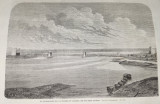 Litografie veche/rara cu raul Prut si viaduct la Cernauti (Bucovina, sec. XIX)