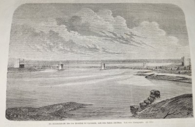 Litografie veche/rara cu raul Prut si viaduct la Cernauti (Bucovina, sec. XIX) foto