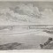 Litografie veche/rara cu raul Prut si viaduct la Cernauti (Bucovina, sec. XIX)