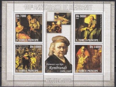 Sao Tome și Principe 2006 - Picturi de Rembrandt, Bloc + Colita, 4 poze, MNH foto