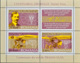 Centenarul zborului Traian Vuia, bloc4 timbre, colita NMH, nestampilata, Romania de la 1950, Aviatie