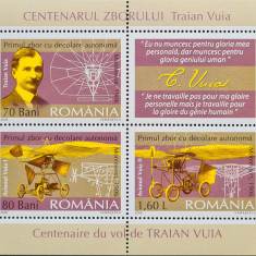 Centenarul zborului Traian Vuia, bloc4 timbre, colita NMH, nestampilata