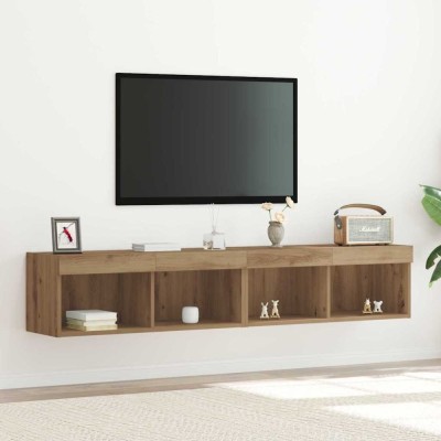 vidaXL Dulap TV de perete cu LED, 2 buc., stejar artizanal 80x30x30 cm foto