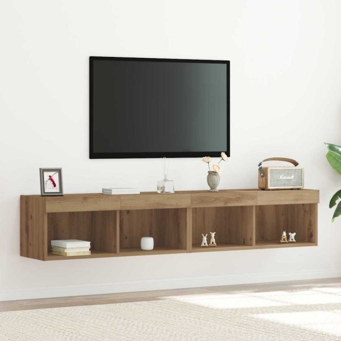 vidaXL Dulap TV de perete cu LED, 2 buc., stejar artizanal 80x30x30 cm