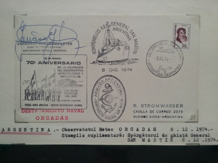 1974-Argentina-Observ. Orcadas-Sparg. G-ral San Martin-Plic circ.