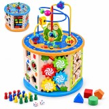 Cub activitati educative copii, 8 in 1, Ceas, Labirinturi, Abac, Forme geometrice, multicolor, lemn