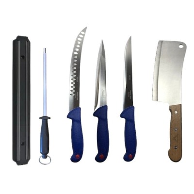 Set profesional de macelarie, injunghiat, transat, dezosat, filetat, suport magnetic, satar 3 cutite, masat pentru ascutit foto