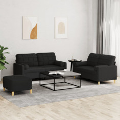 vidaXL Set de canapele cu perne, 3 piese, negru, textil foto