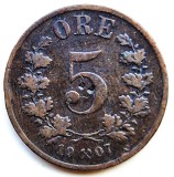 Norvegia 5 ORE 1907 moneda din bronz km # 349 tiraj mic rara regele OSCAR II