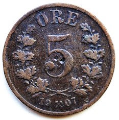Norvegia 5 ORE 1907 moneda din bronz km # 349 tiraj mic rara regele OSCAR II
