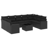Cumpara ieftin Set canapele de gradina cu perne, 10 piese, negru, poliratan