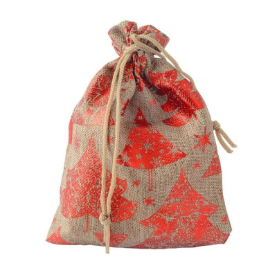 Plasă cadou din material textil - copaci și fulgi de zăpadă, culoare maro - roșu foto