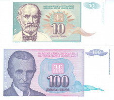 Bancnota Iugoslavia 10 si 100 Dinari 1994 - P138/139 UNC ( set x2 ) foto