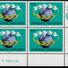 Natiunile Unite Vienna 1987-Simbol UNO,bloc 4 timbre,dantelate,MNH,Mi.74