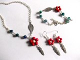 set colier , bratara si cercei cu coral alb ,rosu si agate 41124