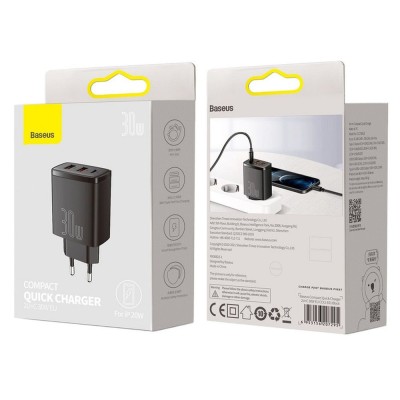 Incarcator Baseus 2 x USB-A + Type-C, PD QC3.0, 3A, 30W, CCXJ-E01, Negru foto