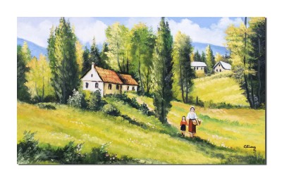 Tablou pictat manual, Pe meleaguri mioritice, amintiri din copilarie, 100x60cm ulei pe panza, Constantin Feraru foto