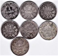 Germania lot 1 mark marci 1874D,1874F,1875G,1875F,1909A,1912D,1915G 38 g argint foto