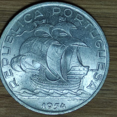 Portugalia - moneda mare 12.4g argint - 10 escudos 1954 AU- superba barca panze