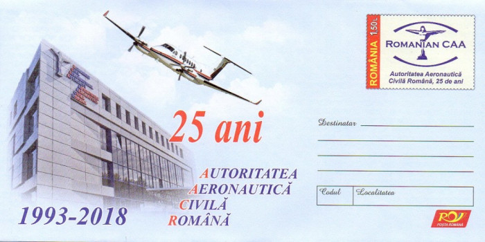 Aviatie, Autoritatea Aeronautica Civila Romana - 25 de ani, intreg postal 2018