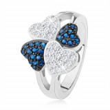 Inel argint 925, patru inimi - ştrasuri mici, transparente şi albastre - Marime inel: 50