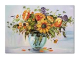 Tablou vaza cu floarea soarelui pictat manual stilizat, 70x50cm ulei pe panza, Valentin Pop
