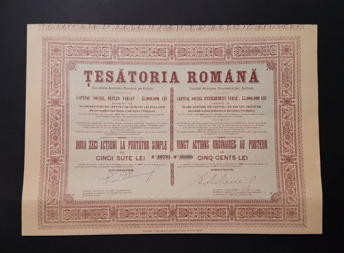 Actiune 1928 Tesatoria romana / titlu de 20 actiuni