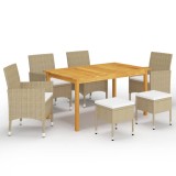 Cumpara ieftin Set mobilier gradina Gossi, 7 piese, bej, lemn acacia, otel, ratan, perne incluse, masa dreptunghiulara, 4 scaune, 2 taburete