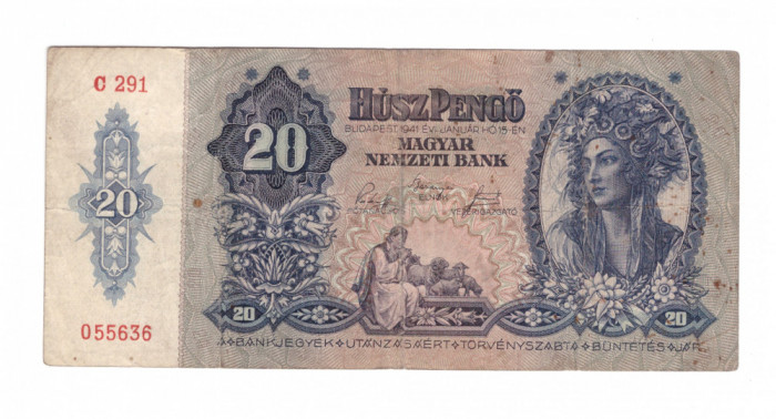 Bancnota Ungaria 20 pengo 15 ianuarie 1941, circulata, stare buna
