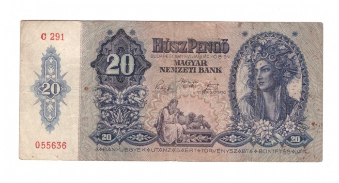Bancnota Ungaria 20 pengo 15 ianuarie 1941, circulata, stare buna