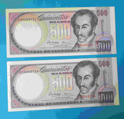 Bancnota veche Venezuela 500 Bolivares 1998 UNC Lot x 2 consecutive foto