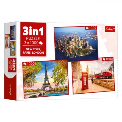 Puzzle Adulți Set Trefl, 3x1000 Piese, Orașe New York, Paris, Londra, Multicolor foto