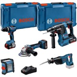 Bosch GBH 18V-26 + GSA 18 V-LI + GLI 18V-1200 C + GSB 18V-65 + GWS 18V-11- Rotopercutor SDS-Plus 2.6 J + Fierastrau sabie + Lampa + Masina de gaurit s