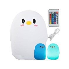 Lampa de veghe LED pingvin cu telecomanda RGB pentru copii, cu USB foto