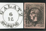 1866 , Lp 20 b , Carol I 20 Parale / hartie groasa , stampila agrafa Galatz , PUNCT IN GREACA, Stampilat