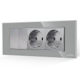 Cumpara ieftin Intrerupator dublu cu 2 prize Luxion, rama din sticla gri, standard italian 6M