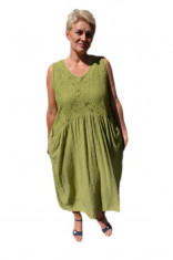 Rochie casual, cu inserti de dantela si buzunare verde deschis foto