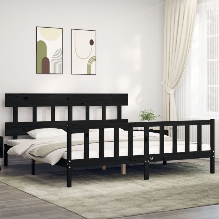 Gossi cadru pat cu tablie 200x200 cm, negru, lemn masiv