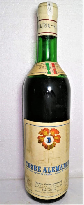 A 48 -vin rosu TORRE ALEMANNA, VIN TIPICO DI PUGLIA, recoltare 1969 cl 72 gr 13