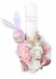 Lumanare botez, 40 cm, fetita, Eventissimi, cu flori si somnoros, alb roz, Eventissimi&reg;