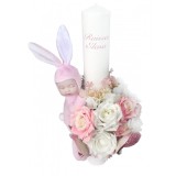 Lumanare botez, 40 cm, fetita, Eventissimi, cu flori si somnoros, alb roz