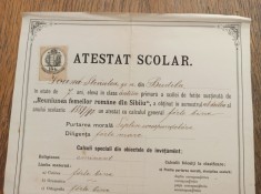 ATESTAT SCOLAR SIBIU 1890- SCOALA DE FETE , CLASA I-A foto