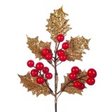 Ramură Decorativă, Fără Brand, Model Vasc, Fructe Roșii, Lungime 28cm, Frunze Aurii, Oem